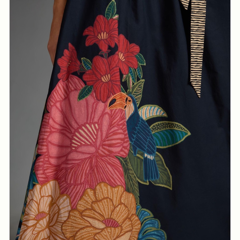 Anthropologie Farm Rio Tropical Maxi Skirt Floral Tie Bow Elastic  Blue Motif - Picture 3 of 8